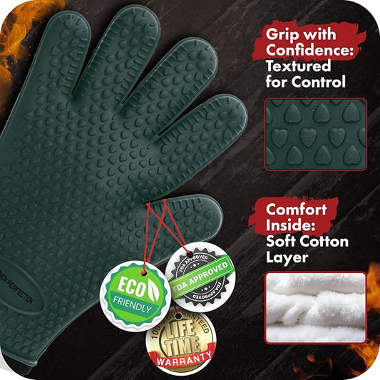 KITCHEN PERFECTION S Silicone Smoker BBQ Gloves - Heat Resistant Oven Mitts | Waterproof, 5-Finger Design For A Better Grip, for Pitmasters, Meat Smoking, Grilling, Cooking, Frying Turkey | Grill Gift