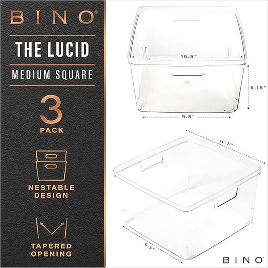 BINO | Plastic Storage Bins, Square - 3 Pack | THE LUCID COLLECTION | Multi-Use Bins | Built-In Handles | BPA-Free | Clear Containers | Fridge Organizer | Pantry & Home Organization