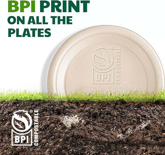 100% Compostable Paper Plates, 9 Inch, 125 Count, Biodegradable Bagasse Plates, Heavy Duty Disposable Plates Bulk for Party | Microwave-Safe | Soak-Resistant, Cut Resistant