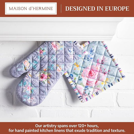 Maison d' Hermine 100% Cotton Oven Mitt & Pot Holder Set (7.5"x13" & 8"x8") | Heat Resistant BBQ Cooking Gloves with Loop Baking Kitchen Hotel Home Farmhouse Spring Summer - Sweet Rose Lavender - Lush