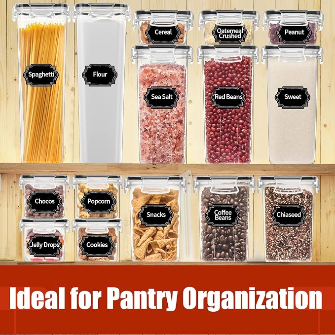 PRAKI 30 Pack Airtight Food Storage Containers for Organizers and Storage | Kitchen Storage Containers for Cereal Flour Sugar Storage, BPA Free, 5 Sizes, Container with 20 Labels, 6 Spoon & Marker