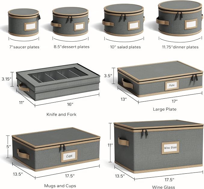 Hard Shell China Storage Containers – 8 Piece Set for Storing Dinner Plates, Salad Plates, Mugs, Quilted Dividers for Safe Moving and Seasonal Storage, Grey