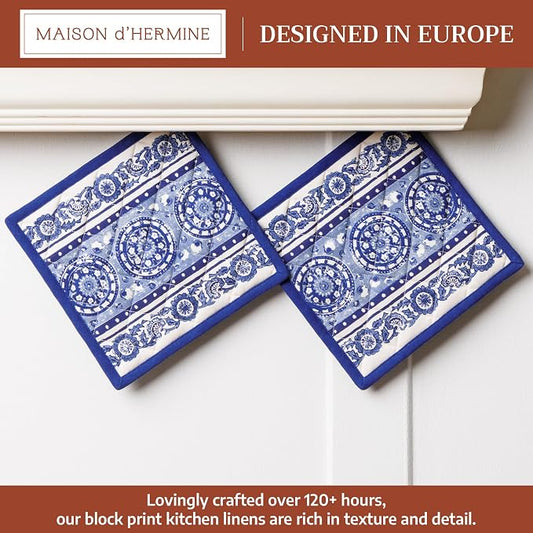 Maison d' Hermine Pot Holders 100% Cotton Potholders (8" x 8", Pack of 2) | Heat Resistant Hot Pads with Loop BBQ Cooking Baking Farmhouse Kitchen Handling Hot Pans Spring Summer - Melodie Bleue