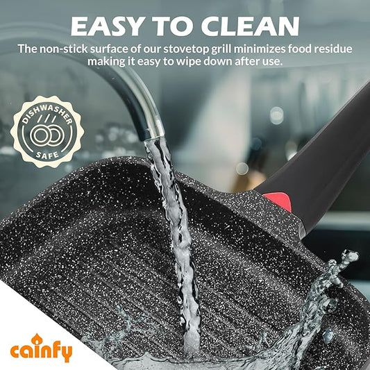 11 Inch Non Stick Grill Pan Granite Coated with Pour Spout - Lightweight 2.66 Quart Grill Pan for Indoor Cooking with Grip Handle - Induction Compatible PFOA Free Stove Top (Black)