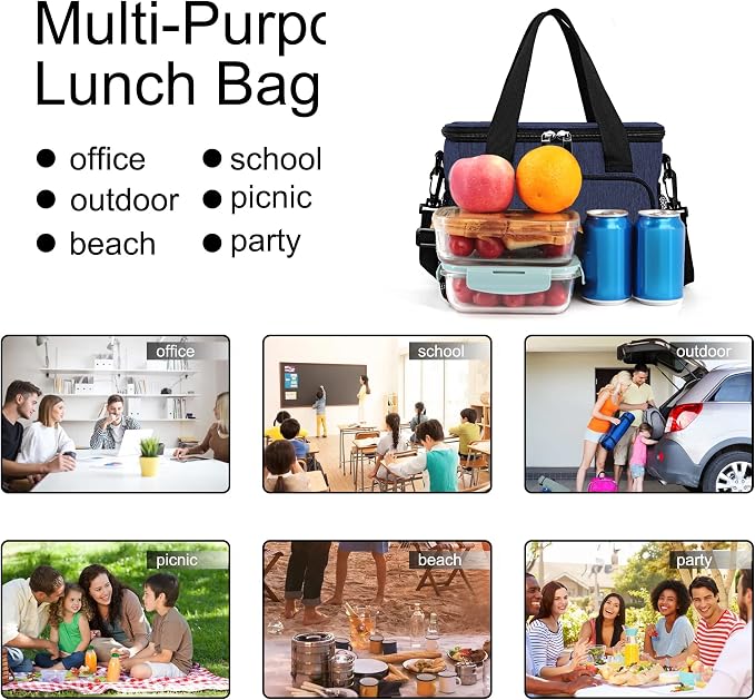 Lunch Bags for Women/Men, Insulated Lunch Bag for Work Office Picnic - Lunch Cooler Bag Leakproof Lunch Box with Adjustable Shoulder Strap - Dark Blue