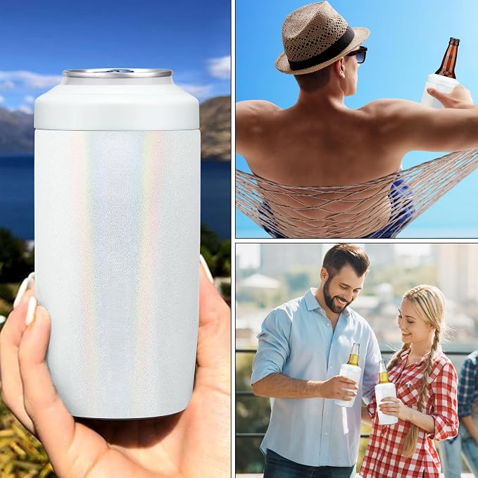 MAXSO Slim Can Cooler, 4-in-1 Double Walled Stainless Steel Insulated Beer Can Holder, Works With All 12 Oz Cans,Bottles & As A Pint Cups - Glitter White