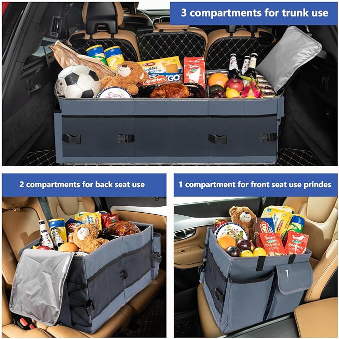 Trunk Organizer and Storage with Built-In Insulated Leak Proof Cooler Bag | Collapsible Cargo Organizer for SUV with Non Slip Strips, 3 Large Compartments Foldable Waterproof Portable Car Storage Box