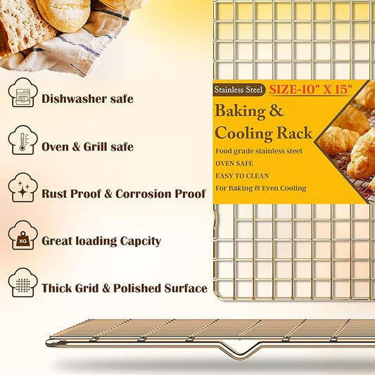 2-Pack Cooling Racks for Cooking and Baking - 10" x 15"Heavy Duty Stainless Steel Wire Rack for Baking, Grilling, Roasting - Oven & Dishwasher Safe - Fits Jelly Roll Sheet Pan(Gold)
