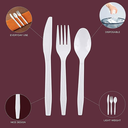 Party Bargains White Plastic Cutlery 720 pcs: 360 Forks, 240 Spoons, 120 Knives. Argyle Design, Heavy Duty & Solid Disposable Silverware Utensils Combo Pack Set for Weddings, Buffets, Luncheons