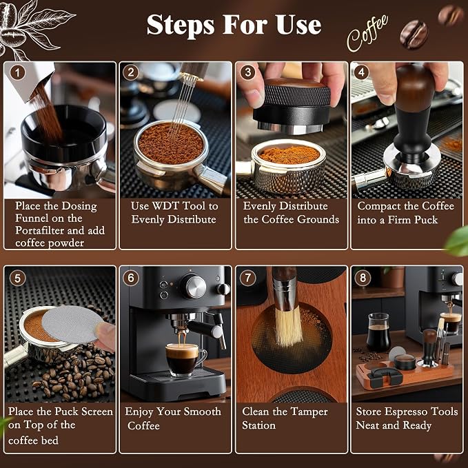 8 PCS Espresso Accessories Kit, 58mm Espresso Tamper Kit Coffee Tamper Set with Coffee Distributor, Espresso Tamping Station, Espresso WDT Stirrer,Dosing Funnel, Fits Breville 58 mm Portafilter