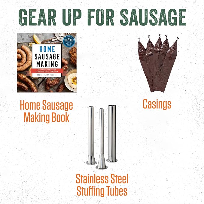 LEM Products MightyBite Vertical Stainless Steel 5 Pound Capacity Sausage Stuffer with Plastic Stuffing Tubes and Natural Hog Casings (32-35mm)