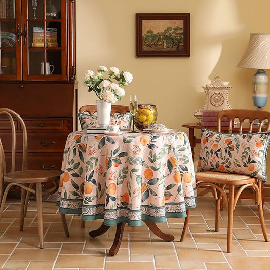 patdrea Designer Linen Small Round Table Cloth,Vintage Framhouse Oranges and Leaves Pattern Tablecloth,Decor Table Cover for Kitchen Dining Christmas,Thanksgiving,Party,Diameter 55"-Palladin a