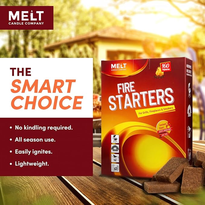 Fire Starter Squares, 160 pcs - Charcoal Fire Starters for Campfires, Grill, Outdoor Pit, Fireplace, Wood Stove, BBQ - Firestarter Sticks, Water Resistant & Odorless - Camping Accessories Essentials