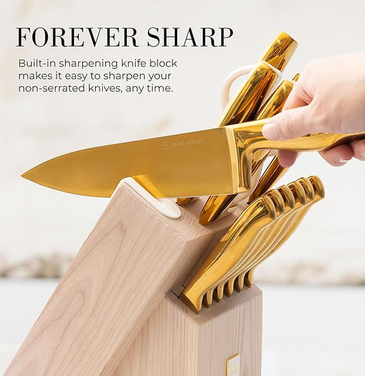 Gold Knife Set for Kitchen with Block and Sharpener – 14-Piece Razor Sharp Titanium Gold Knives with Ashwood Block and Built-In Sharpener – Stylish Kitchen Accessories for Cooking and Prep