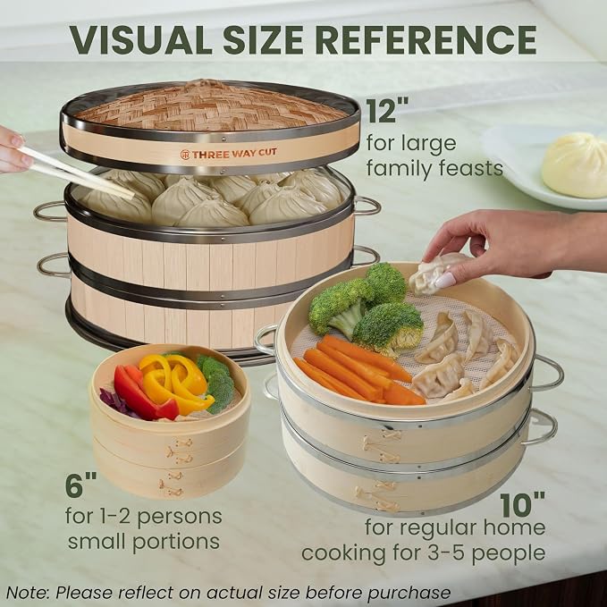 Bamboo Steamer Basket 10 Inch - Dumpling Steamer Basket 2 Tier with Steel Rims, Handles, Lid & Accessories, Bamboo Steamers For Cooking Steam Bao Bun Dim Sum Potsticker Veg, 10" Food Steaming Baskets