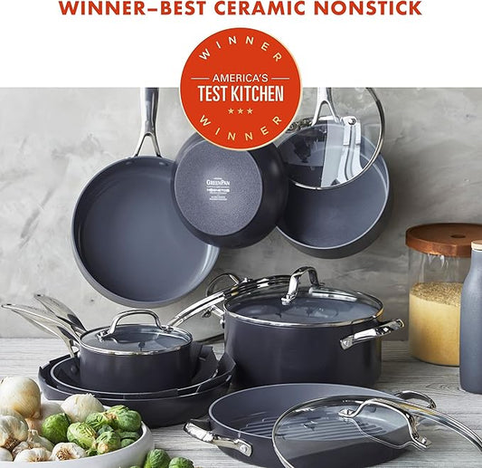 GreenPan 16 Piece Valencia Pro Ceramic Nonstick Cookware Set, PFAS-Free, Induction Ready, Hard Anodized Pots & Pans with Lids, Compatible on All Cooktops, Dishwasher & Oven Safe, Gray