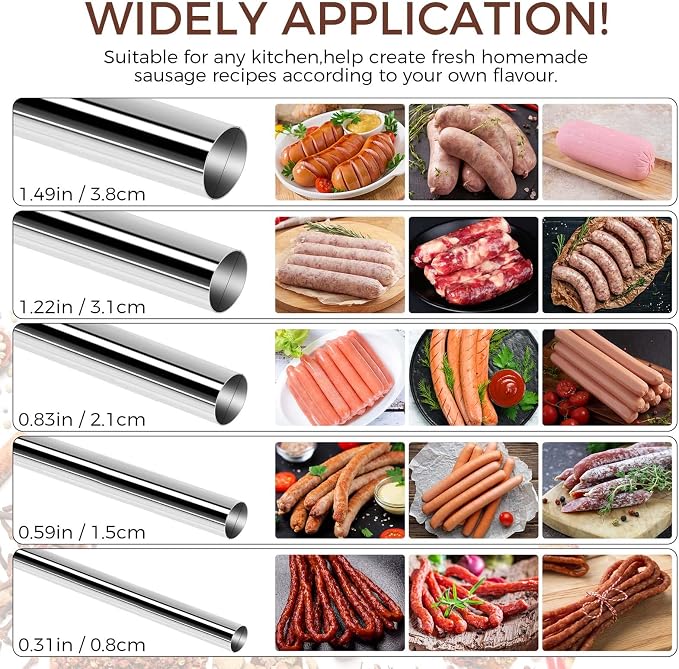 5-Size Stainless Steel Sausage Stuffer Tubes | Food-Grade Sausage Stuffing Funnels (8mm-15mm-21mm-31mm-38mm), 52mm Base Diameter Replacement Horns for Home Sausage Making