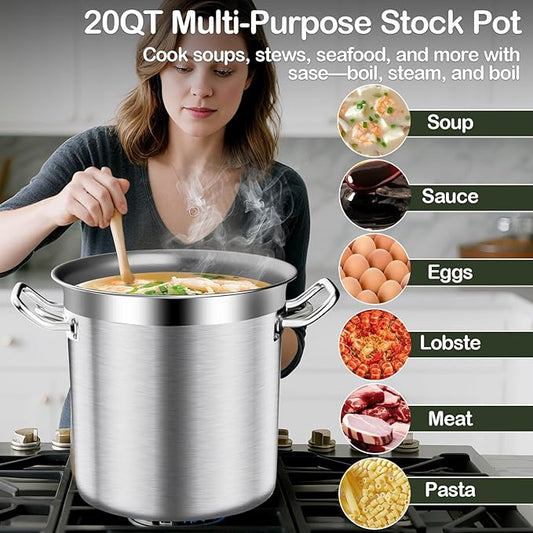 Stainless Steel Stockpot with Lid, 20QT Large Stock PotHeavy Duty Tri-Ply Bottom Commercial Grade Stock Pot & Stockpots for Boiling Cooking Soup Stew Canning Cooking Pots,Big Stockpot, Deep Cookware