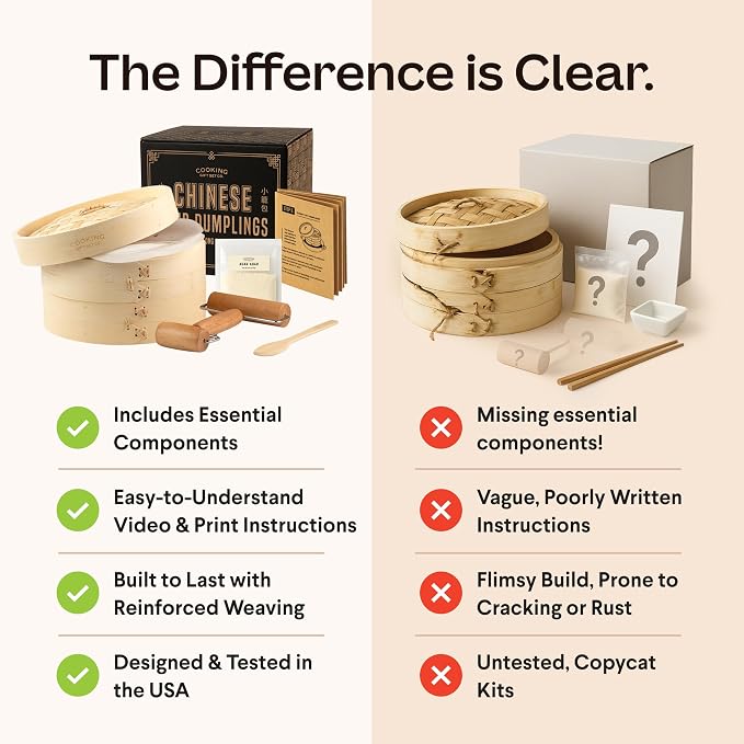 Cooking Gift Set Co. Bamboo Steamer Basket - 2 Tier Dumpling Kit, 6 Piece | Xiao long bao kit, dumpling steamer, cooking gifts for women, mother's day gift, FDA food-contact, BPA-free
