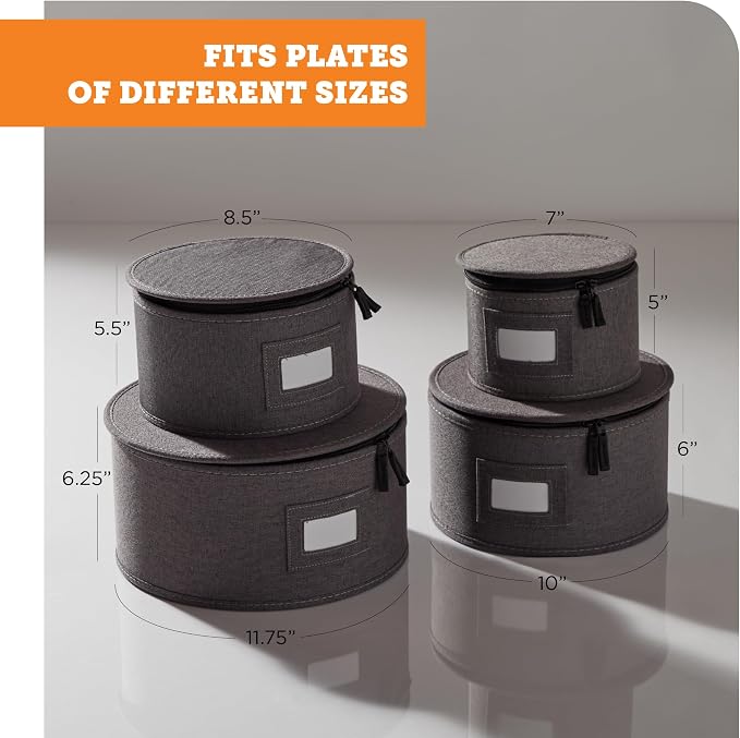 storageLAB 4-Piece Quilted China Plate Storage Set | Felt Dividers | Gray | 4-piece quilted plate set - dinner, salad, dessert & saucer cases, 12 plates each. Felt dividers, dual zippers.