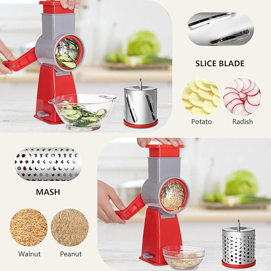 4-in-1 Rotary Cheese Grater Handheld, Lightweight Body with 4 Stainless Steel Blades & Non-Slip Suction Base, for Shredding Parmesan, Slicing Vegetables, Grating Chocolate(Red)