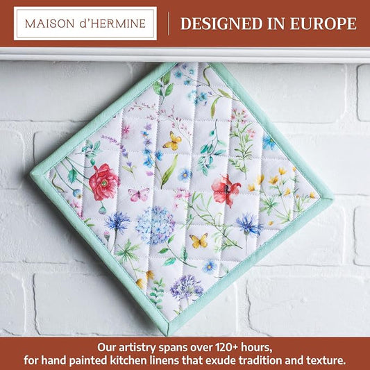 Maison d' Hermine Pot Holders 100% Cotton Potholders (8" x 8", Pack of 1) | Heat Resistant Hot Pads with Loop BBQ Cooking Baking Farmhouse Kitchen Handling Hot Pans Spring Summer - Just Floral