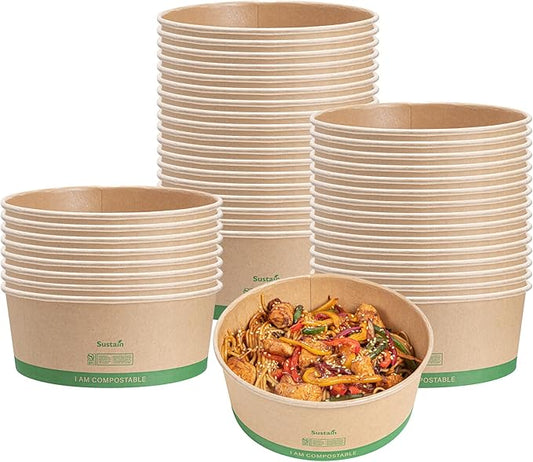 Restaurantware Compostable Paper Food Containers 50 Pack Of 50 oz BPI-Certified Round Kraft Salad Bowls Disposable Grease-Resistant Meal Prep Take Out Containers For Ice Creams, Soups, Snacks
