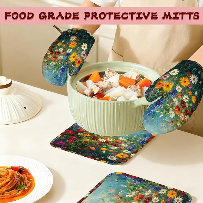 Vintage Oil Painting Flower Field Oven Mitts and Pot Holders (4PCS),Heat Resistant Non-Slip Silicone Kitchen Gloves for Cooking, Baking, BBQ Waterproof Kitchen Accessories