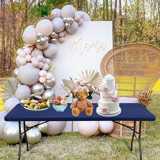 6 Pack Stretch Fabric Table Top Cap Cover, fits 6' Tables, Spandex Table Covers Washable Elastic Rectangle Tablecloth Protector for Indoor Outdoor Party Picnic Wedding, Navy Blue, 30" W x 72" L