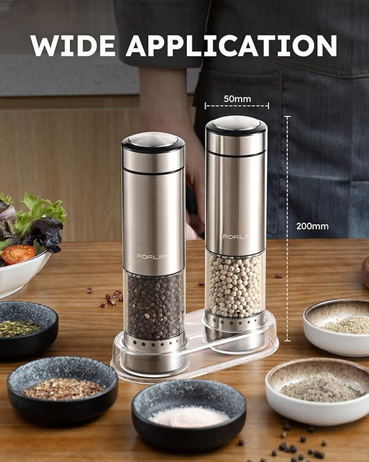 FORLIM Electric Salt and Pepper Grinder Set Rechargeable, Upgraded Washable, Automatic One-Handed Operation with LED, Adjustable Coarseness Pepper and Salt Grinder Refillable, Stainless Steel(Silver)