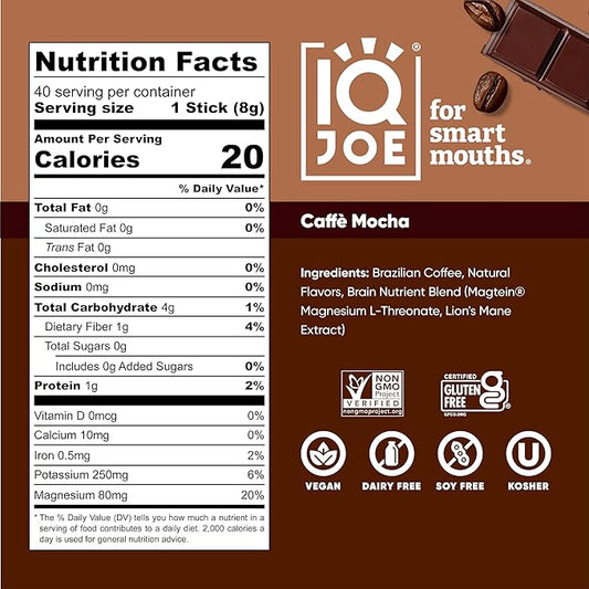 IQJOE Mushroom Coffee Packets (40 Servings) Lion’s Mane, Magtein Magnesium, Antioxidants, Adaptogens - Caffe Mocha - Instant Coffee for Focus, Clarity, Mood, Energy Boost - Sugar Free, Keto, Vegan