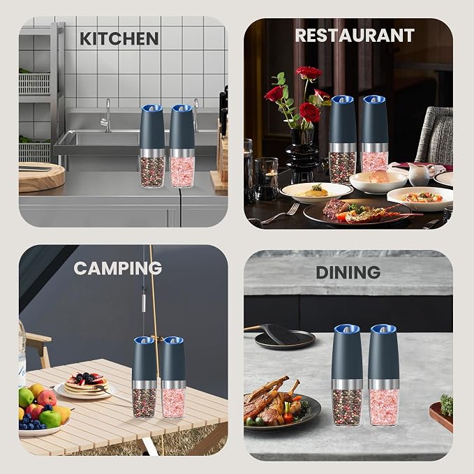 Battery Operated Salt And Pepper Grinder Set with LED Light, Automatic Electric Gravity Salt And Pepper Shakers Set, Each 6 AAA Batteries Needed, Adjustable Roughness, 2 Pack (Grey)
