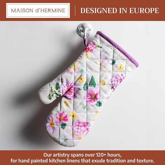 Maison d'Hermine Oven Gloves 100% Cotton Oven Mitt (7" x 13", Pack of 1) | With Loop Heat Resistant BBQ Cooking Gloves Baking Grilling Kitchen Handling Hot Pans Spring Summer - Pivoine