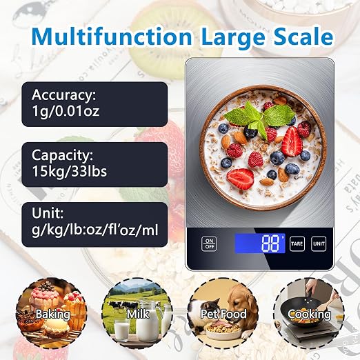 Food Kitchen Scale, Digital Food Scale 33lb Digital Kitchen Scale Precisely Measures Grams and Ounces for Meal Prep Baking and Cooking, 304 Stainless Steel Kitchen Scale LCD Display