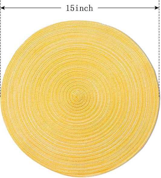 FunWheat Round Braided Placemats Set of 4 Place mats for Dining Tables Woven Heat Resistant Table Mats 15 inch (E Yellow, 4pcs)
