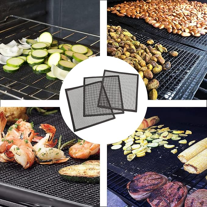 Grill Mesh Mat Set of 3 - Heavy Duty BBQ Non-stick Cooking Sheet Liners Reusable Teflon Barbecue Grilling Net for Outdoor Smoker, Pellet, Gas, Charcoal Grills (15.7x13 Inch)