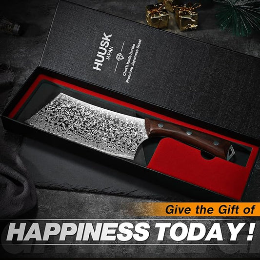 Huusk Meat Cleaver Knife Japanese Kitchen Knife 6.4 Inch, Hand Forged Butcher Knife for Meat Cutting, Vegetable Chopping Knife High Carbon Steel Damascus Pattern Chef Knife Cooking Gift for Men Women