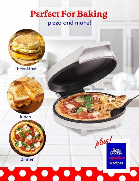 Betty Crocker 8" Travel Pizza Maker Plus, Indoor Electric Grill With Insulated Travel Bag, Nonstick Pan for Pizzas, Quesadillas, Nachos and more, Pizza Machine for Delicious Meals and Snacks, White