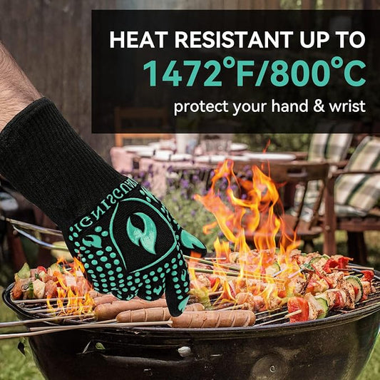 BBQ & Grill Gloves, Oven Gloves, 1472°F Silicone Oven Mitts Heat Resistant Grilling Gloves Fireproof Non-Slip for Barbecue Cooking Baking Smoking, 1-Pair (Green, Medium)
