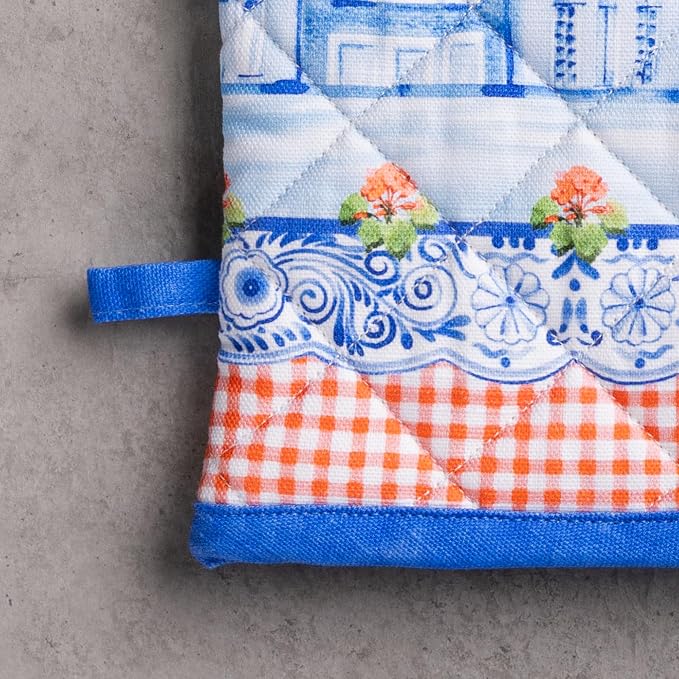 Maison d' Hermine 100% Cotton Oven Mitt & Pot Holder Set (7.5"x13" & 8"x8") | Heat Resistant BBQ Cooking Gloves with Loop Baking Grilling Kitchen Hotel Home Farmhouse Spring Summer - Amsterdam Canals