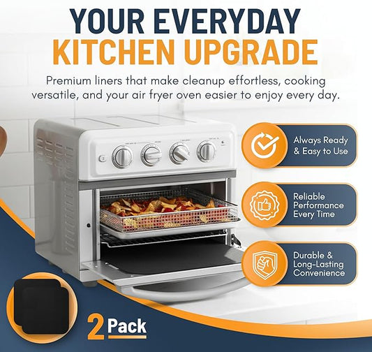 Toaster Oven Liners for Bottom of Oven (2 Pack) Reusable Non-Stick Heat Resistant Toaster Liners, Compatible with Ninja, Cuisinart, Emeril Lagasse & More, Toaster Mat, 12"x12" (Black)