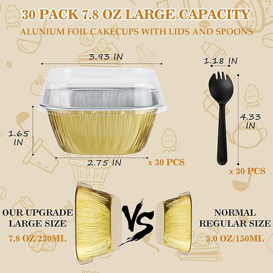 Individual Cake Pans with Lids, BAKINGPAK 30PCS 7.8OZ Mini Cake Pans with Lids Cupcake Liners with Lids Individual Cupcake Containers Baking Cups with Lids Mini Cake Tins with Lids for Holiday, Gold