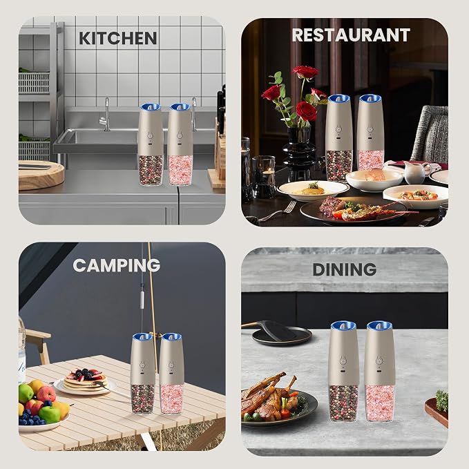 Rechargeable Salt And Pepper Grinder Set with LED Light, Automatic Electric Gravity Salt And Pepper Shakers Set, No Battery Needed, Adjustable Roughness, 2 Pack (Khaki)