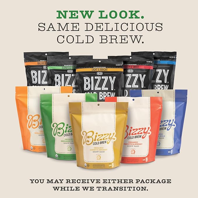 Bizzy Organic Cold Brew Coffee | Dark & Bold Blend | Coarse Ground Coffee | Dark Roast | Micro Sifted | Specialty Grade | 100% Arabica | Brew Bags | 4 Count | Makes 14 Cups