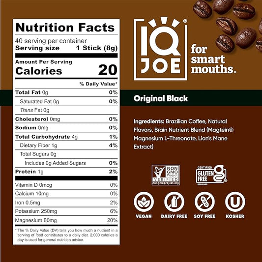 IQJOE Mushroom Coffee Packets (40 Servings) Lion’s Mane, Magtein Magnesium, Antioxidants, Adaptogens - Original Black - Instant Coffee for Focus, Clarity, Mood, Energy Boost - Sugar Free, Keto, Vegan