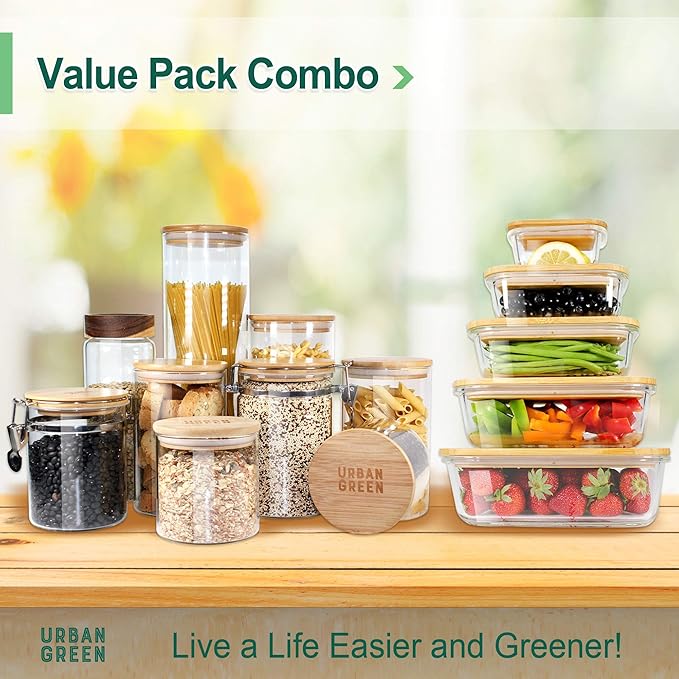 Urban Green Glass Food Storage Containers, XXLarge Size, 76oz/2260ml, 2 Pack - Bamboo Lids, Microwave & Freezer Safe, Meal Prep & Pantry Organization