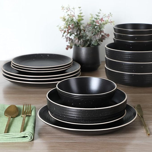 Gibson Home Dinah 16-Piece Matte Black Stoneware Dinnerware Set – Double Bowl, Embossed Speckled Design, Durable Kitchen Dinner Set
