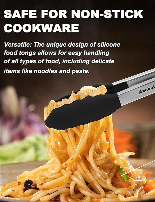 Anaeat Non-Stick Silicone Locking Tong Set of 2 - Stainless Steel 9" and 12" Kitchen Food Tongs with Non-Slip Silicone Tips and Grip for Cooking, Baking and BBQ - Heavy Duty & Heat Resistant (Black)