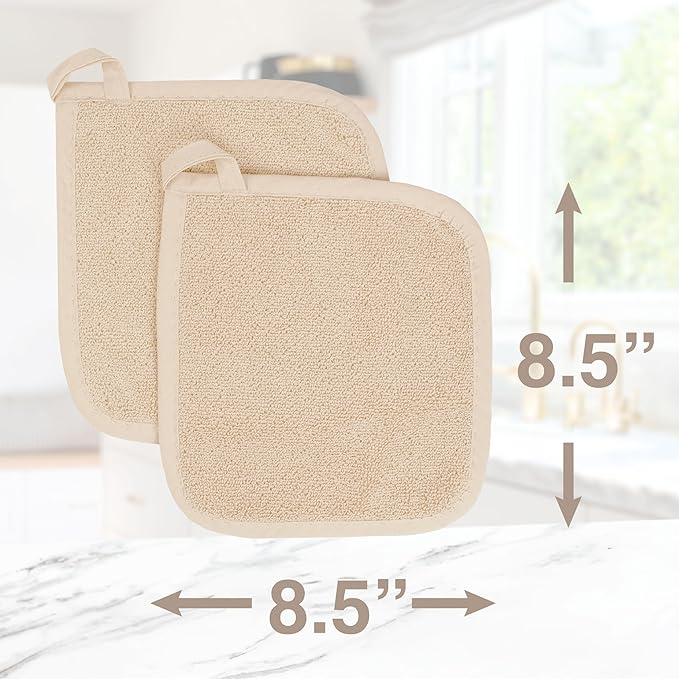 RITZ Terry Potholder & Hot Pad: Unparalleled Heat Resistant, Durable 100% Cotton – Ergonomically Designed for Optimal Grip – Easy-Care Machine Washable – 4-Pack, Latte