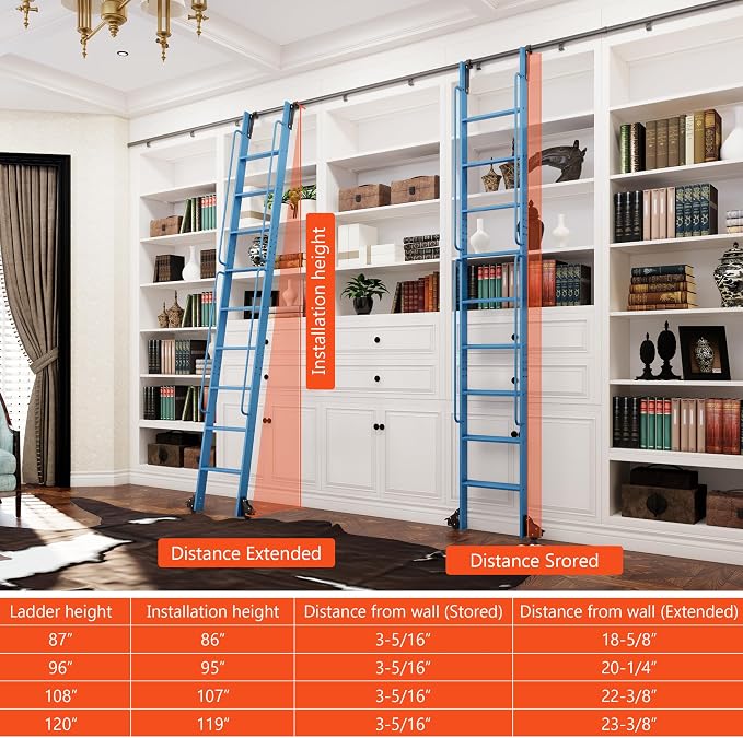 DIYHD 87" Rolling Library Ladder with Handrail, 4FT Sliding Rail, Blue | 7-Step lightweight ladder with space-saving upright storage, Telescopic top hooks, Locking bottom rollers, 300lbs capacity